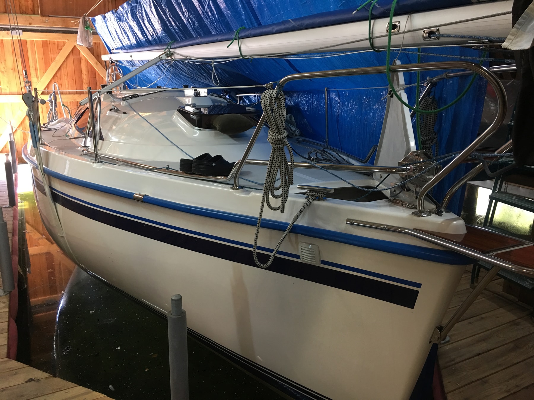 Sasanka im Bootshaus mit gelegtem Mast